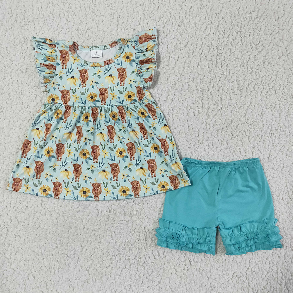 Baby girls green cow floral pearl summer shorts sets