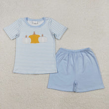 Load image into Gallery viewer, Baby Boys Blue Stripes Pumpkins Top Shorts Fall Clothes Set

