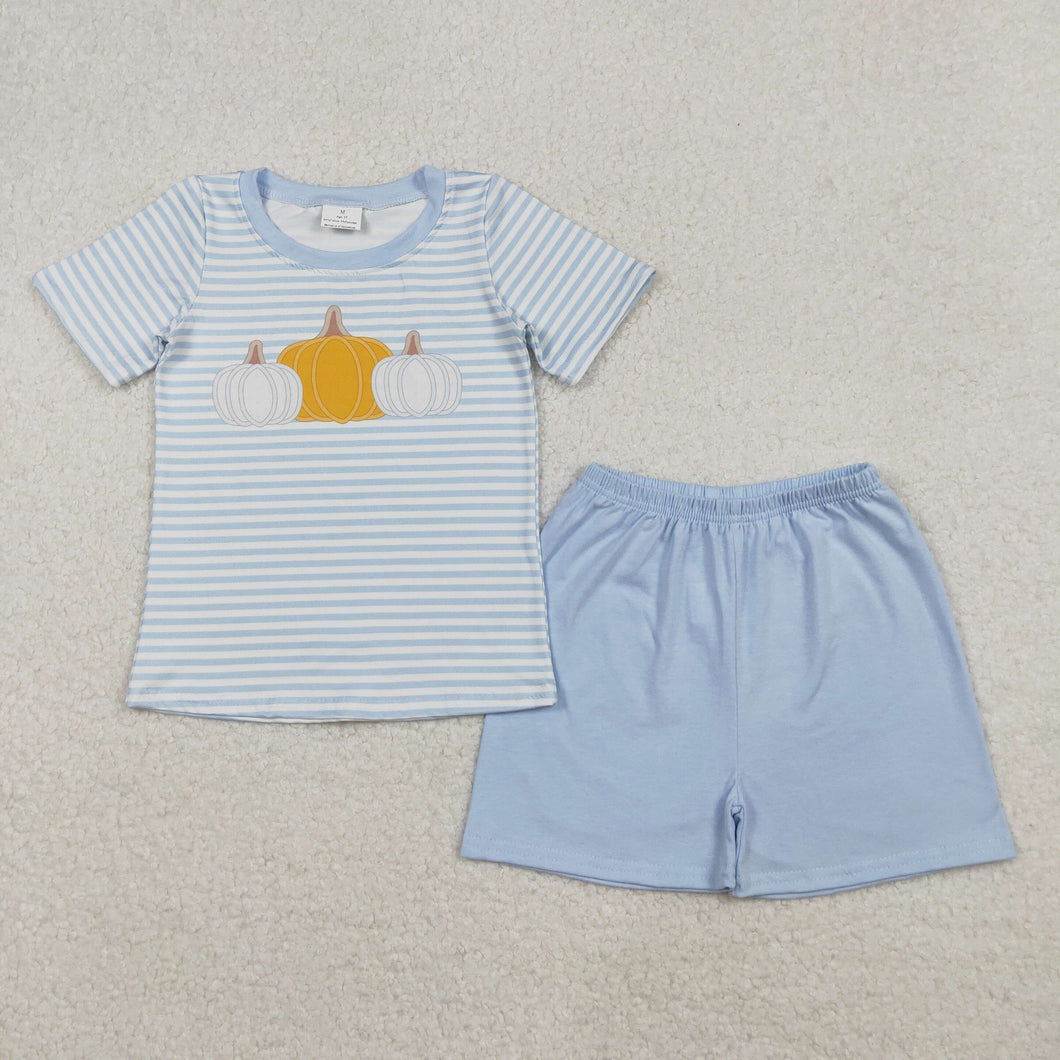 Baby Boys Blue Stripes Pumpkins Top Shorts Fall Clothes Set