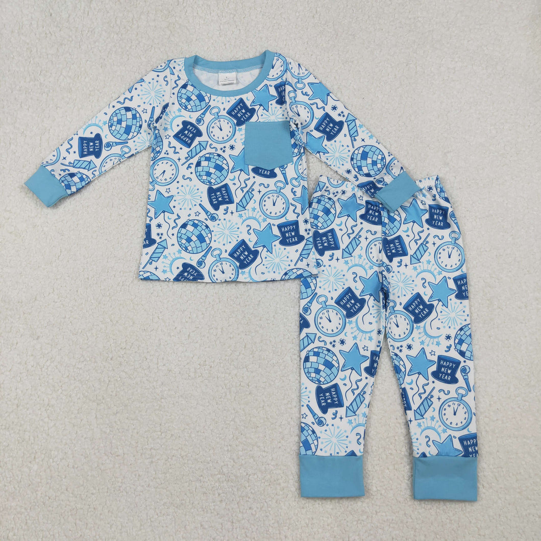Baby Boys Blue Pocket Happy New Year Top Pant Pajamas Set