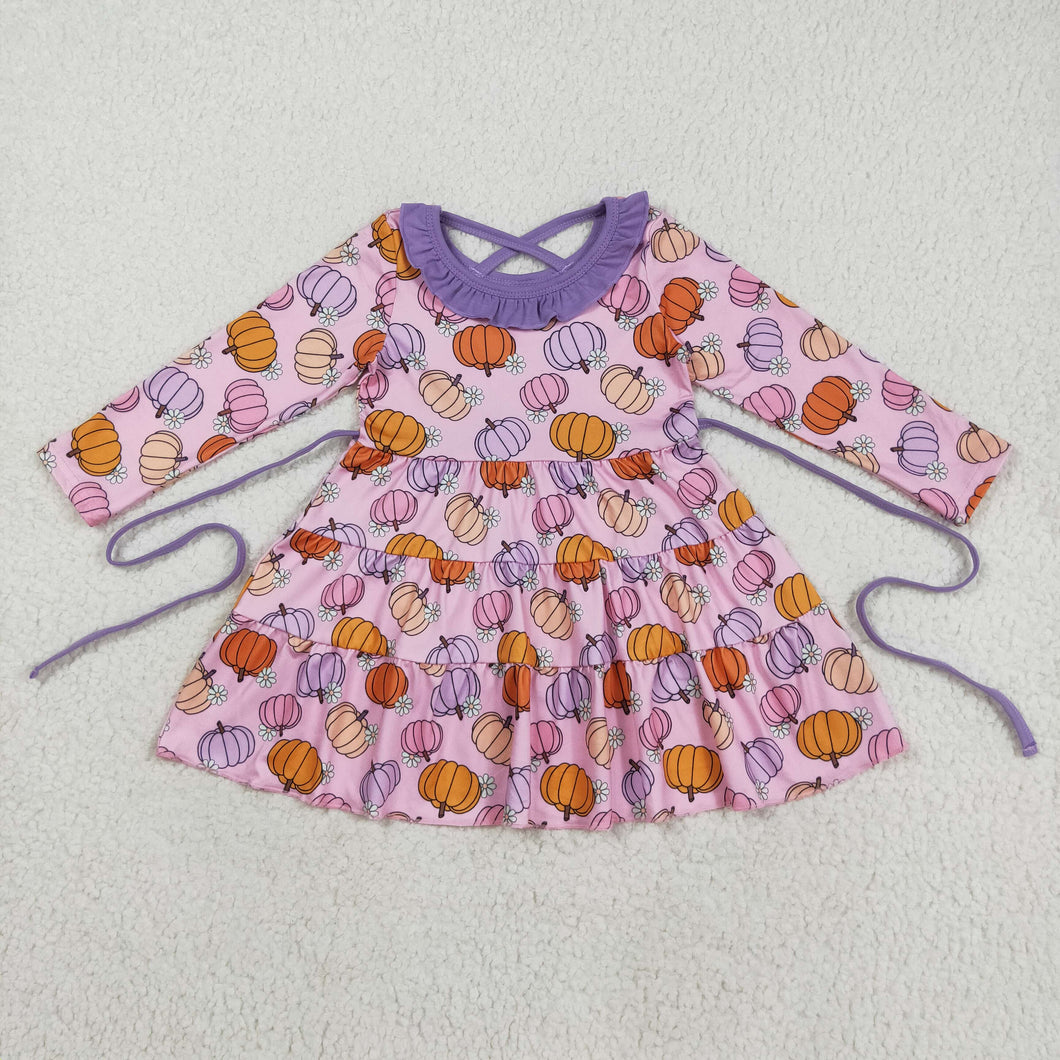 Baby Girls Pink Flowers Pumpkins Fall Knee Length Dresses With Belt
