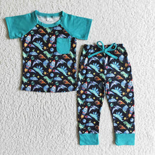 Load image into Gallery viewer, baby boys blue dinosaur pocket top pants sets
