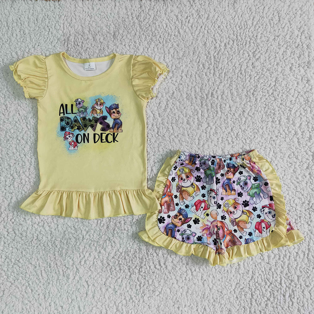 Baby girls cartoon dog short sleeve ruffle shorts sets