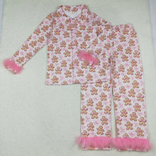 Load image into Gallery viewer, Adult Women Bows Gingerbread Button Top Pants Christmas Fur Pajamas Set
