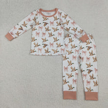 Load image into Gallery viewer, Sibling Baby Girls Pink Bows Ducks Plaid Top Pants Pajamas Sets Ruffle Zipper Footie Rompers
