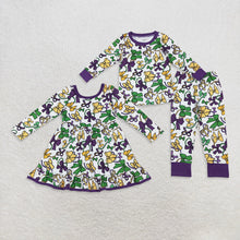 Load image into Gallery viewer, Sibling Baby Girls Mardigras Bows Plaid Pants Pajamas Sets Ruffle Knee Length Dresses
