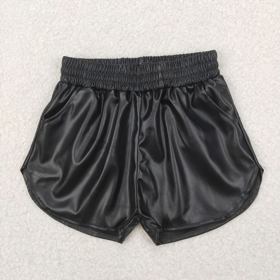 Baby Girls Black Pocket Leather Elastic Bottom Shorts