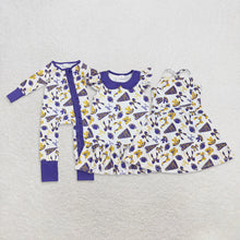 Load image into Gallery viewer, Sibling Baby Girls Purple Bows Footballs Go Team Ruffle Zipper Romper Knee Length Dresses
