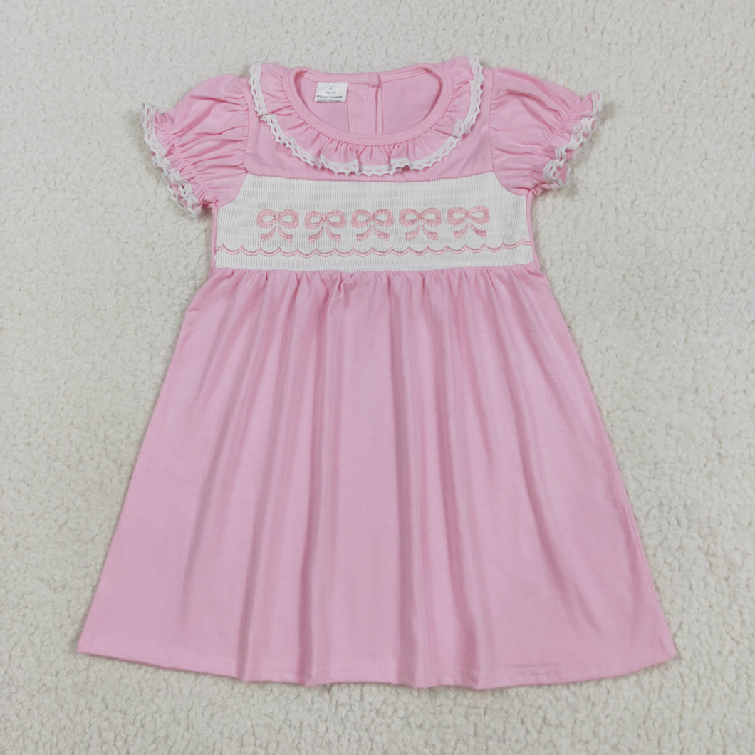 Smocked Embroidery Baby Girls Ruffle Sleeves Bows Knee Length Dresses