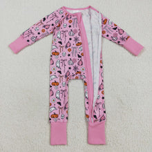 Load image into Gallery viewer, Baby Girls Pink Ghost Pumpkins Halloween Zipper Footie Rompers
