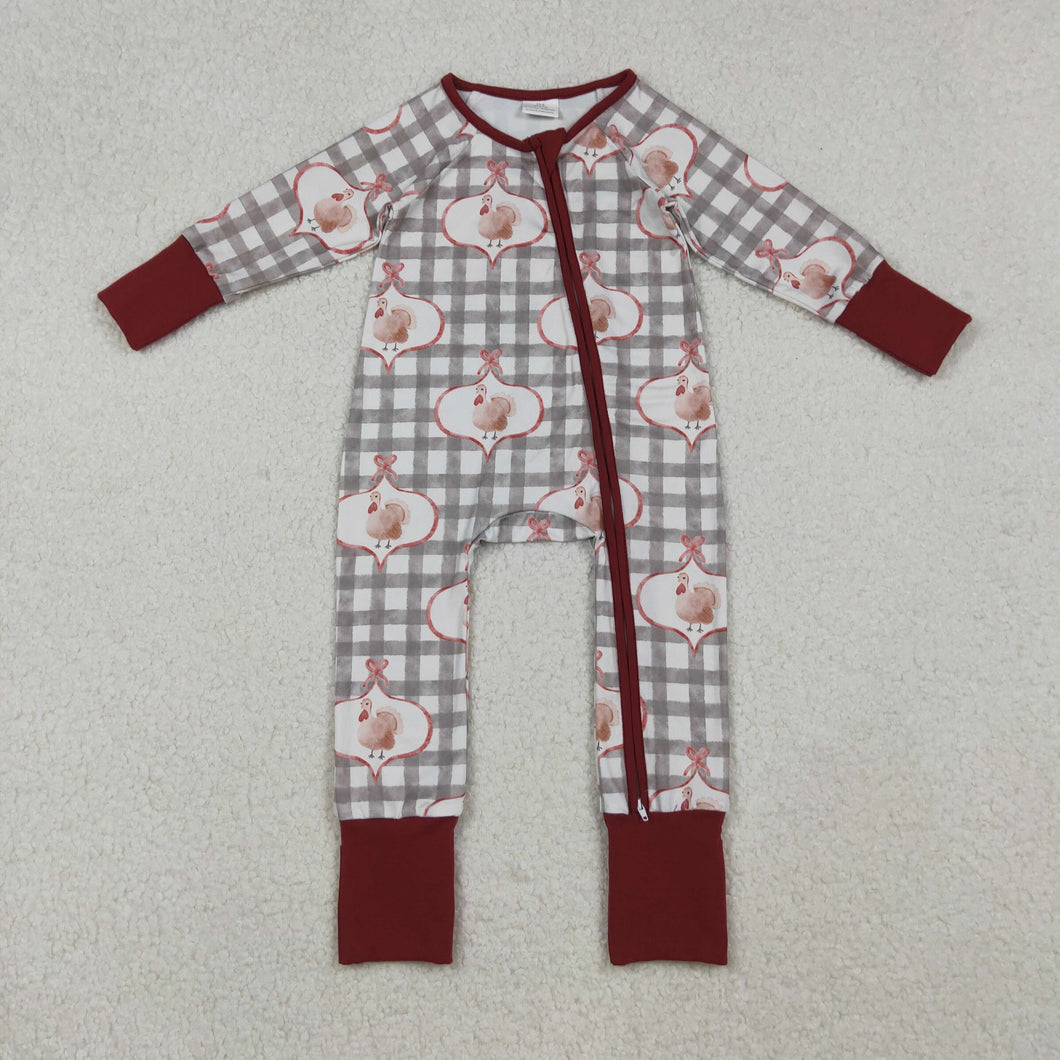 Baby Boys Turkey Checked Thanksgiving Zipper Footie Rompers