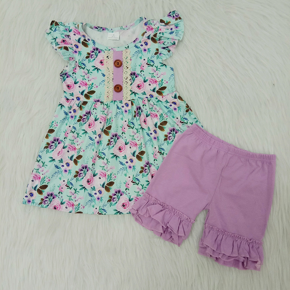 Purple flowers ruffles shorts set