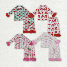 Load image into Gallery viewer, Sibling Baby Girls Christmas Fur Sleeve Bows Buttons Top Pants Pajamas Sets
