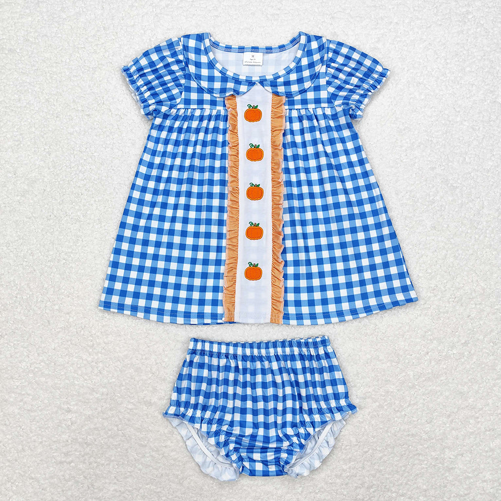 Baby Girls Blue Checkered Pumpkins Tunic Bummie Clothes Sets
