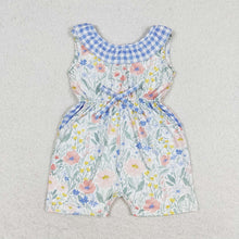 Load image into Gallery viewer, Baby Girls Blue Flowers Checkered Shorts Jumpsuits
