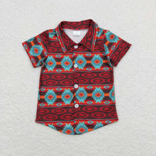 Load image into Gallery viewer, Baby Boys Western Wine Turquoise Aztec Short Sleeve Buttons Tee Shirts Tops
