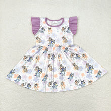 Load image into Gallery viewer, Baby Girls Blue Dogs Flowers Flutter Sleeve Knee Length Dresses
