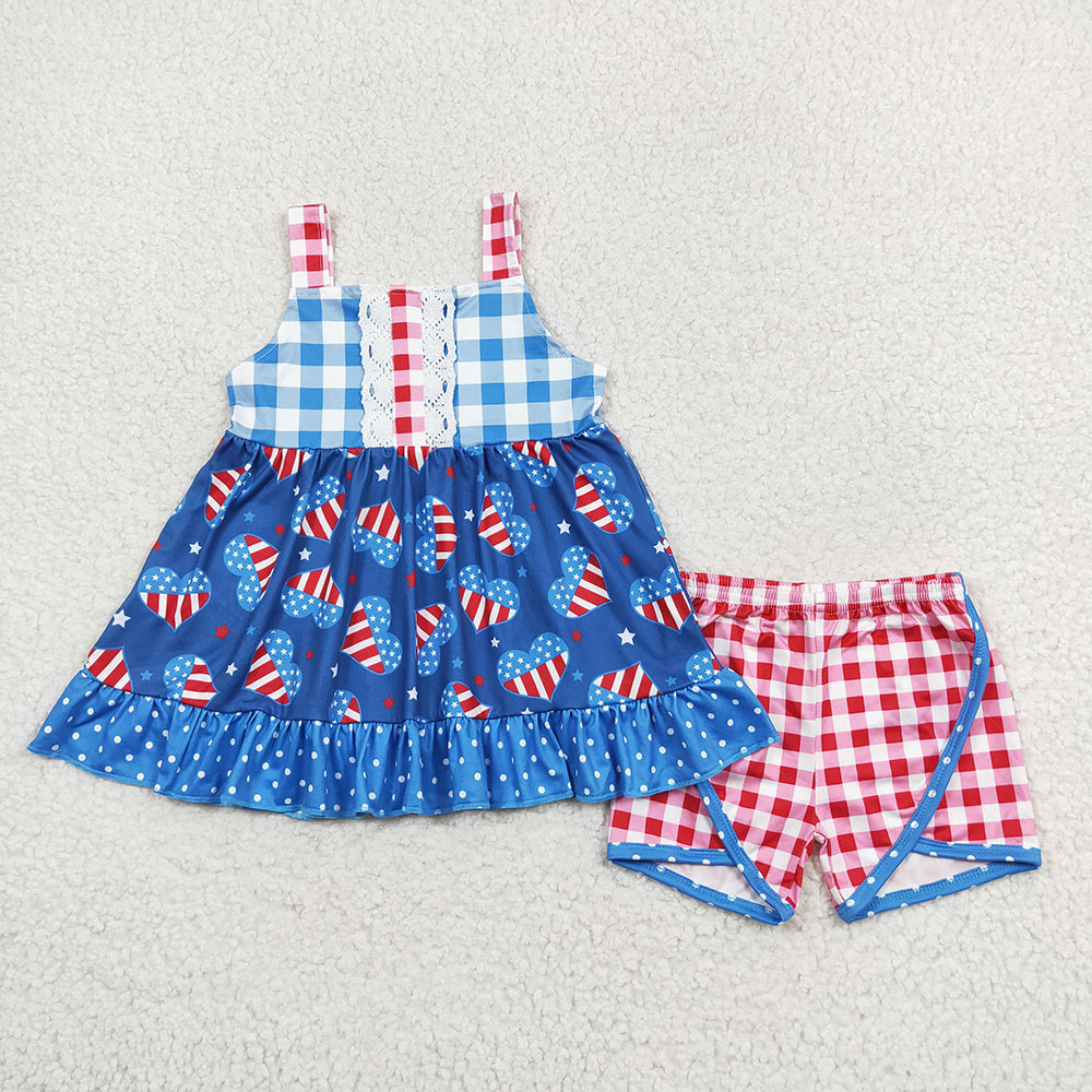 Baby Girls 4th Of July Hearts Tunic Tops Shorts Clothes Sets