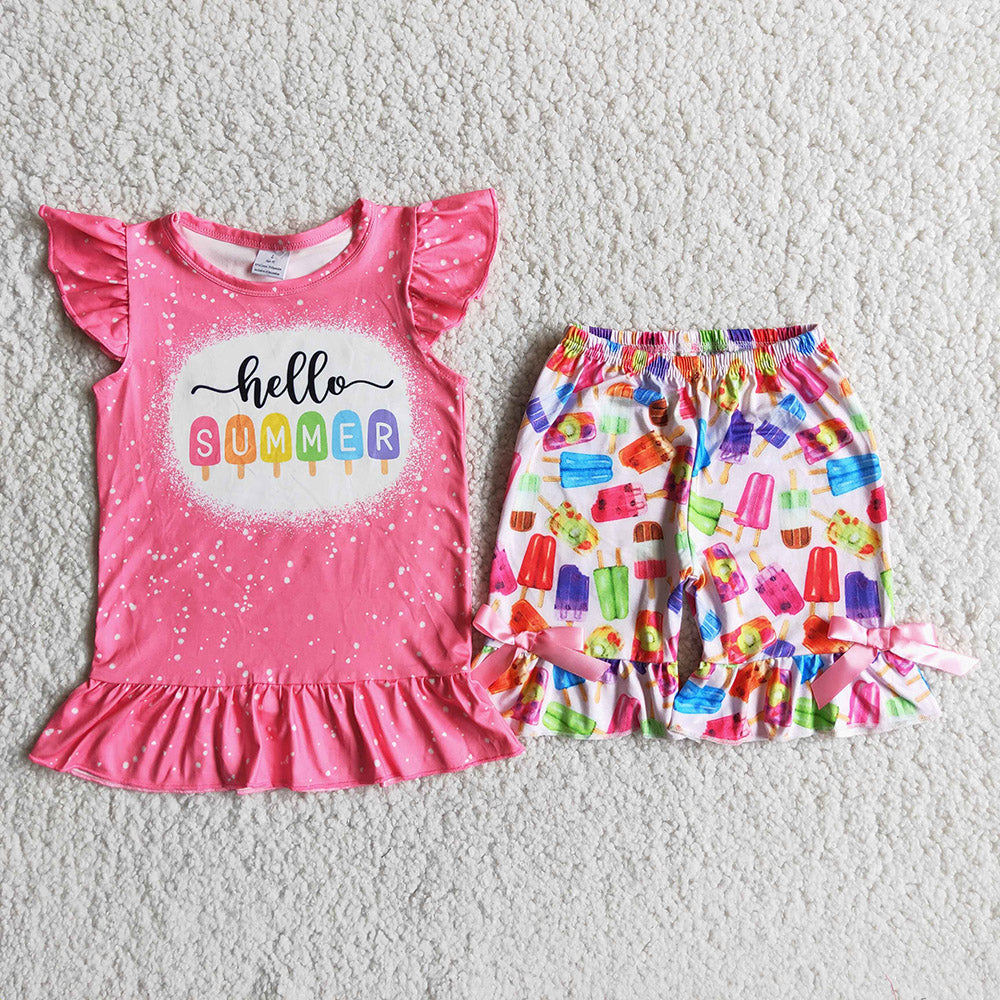Pink puffy sleeves exquisite ruffles Shorts sets