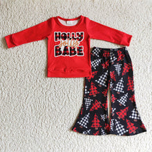Load image into Gallery viewer, Baby girls Christmas holly tree black red bell pants clothes sets
