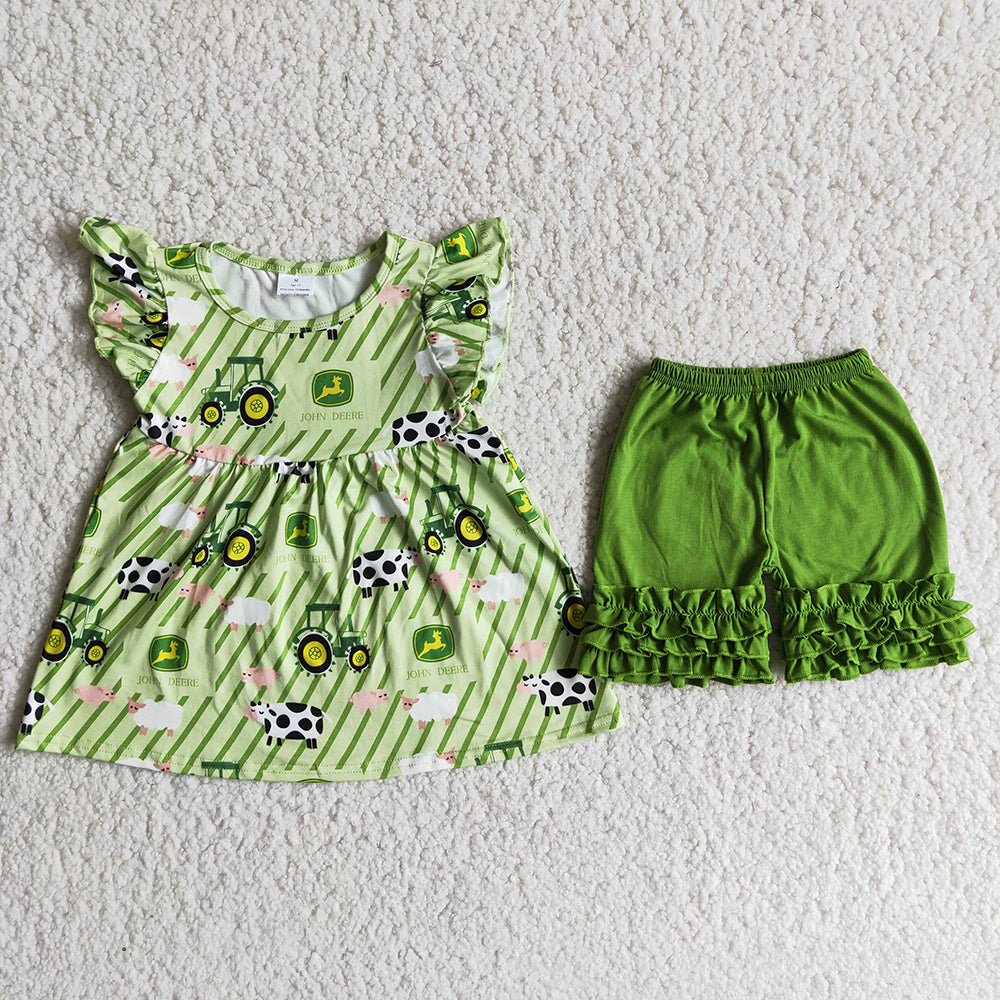 Farm green ruffles soft shorts set