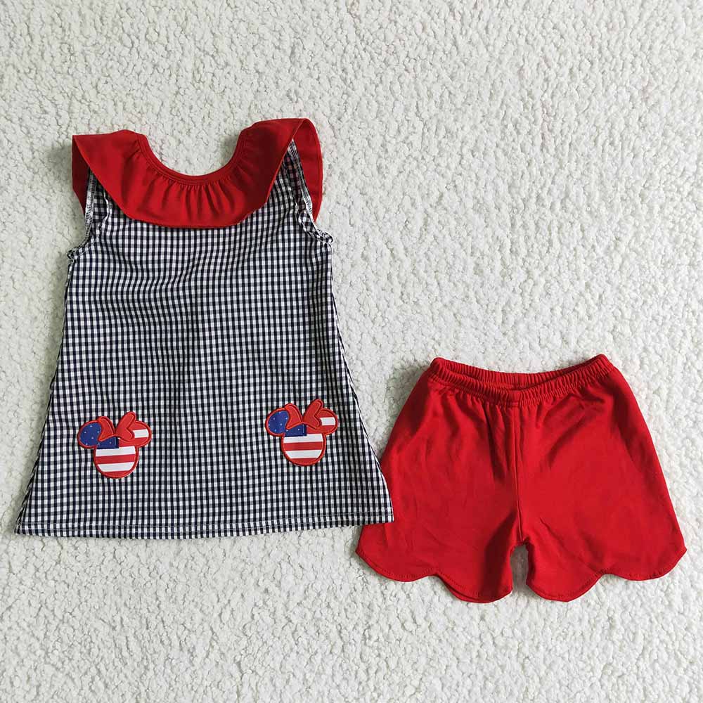 Baby girls 4th of July embroidered big bow shorts sets