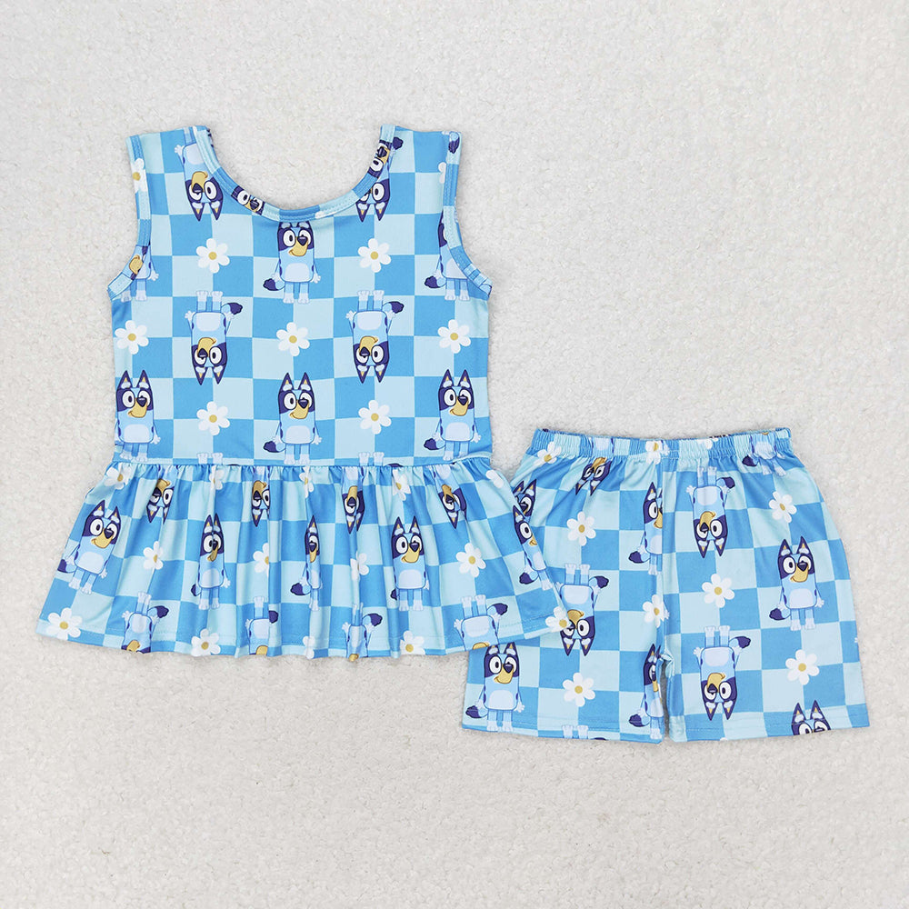 Baby Girls Blue Dogs Flowers Tunic Top Shorts Clothes Sets