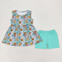 Load image into Gallery viewer, Baby Girls Blue Flowers Sleeveless Tunic Shorts Clothes Sets
