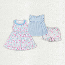 Load image into Gallery viewer, Baby Girls Blue Ruffle Sibling Sister Dresses Floral Shorts Clothes Sets
