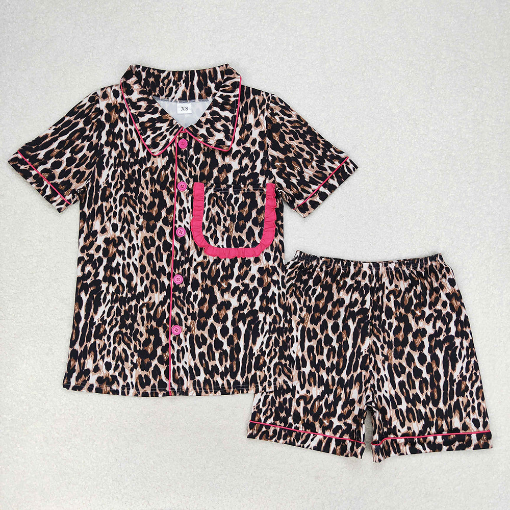 Adult Women Leopard Buttons Shirt Shorts Pajamas Clothes Sets