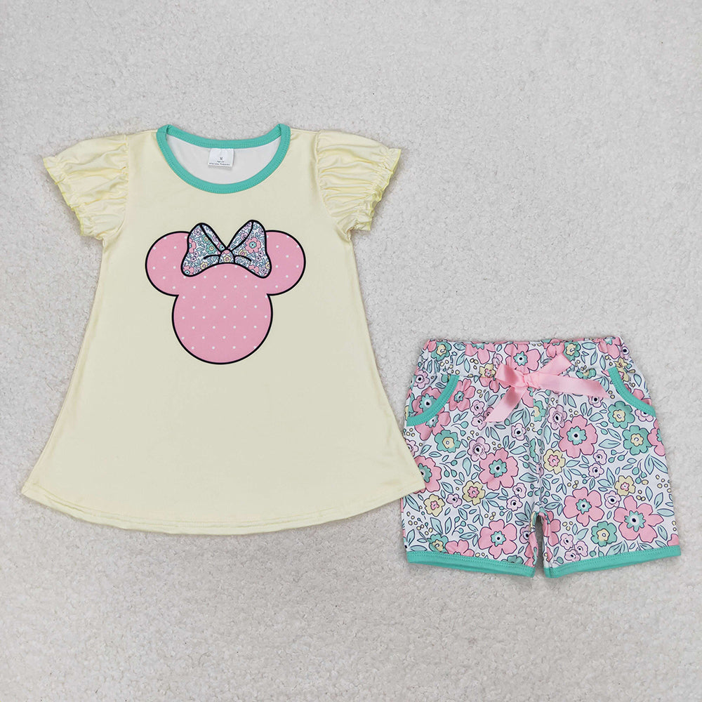 Baby Girls Mouse Short Sleeve Shirt Pockets Flowers Shorts Clothes Sets