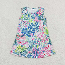 Load image into Gallery viewer, Baby Girls Blue Pink Leaves Flowers Sleeveless Knee Length Dresses
