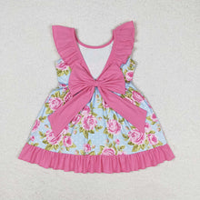 Load image into Gallery viewer, Baby Girls Blue Dots Pink Flowers Bow Knee Length Dresses

