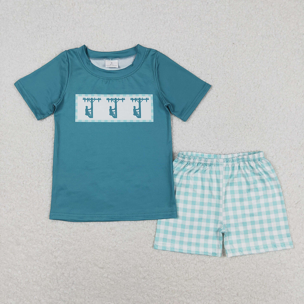Baby Boys Green Checkered Line Workers Shirt Shorts Clothes Sets