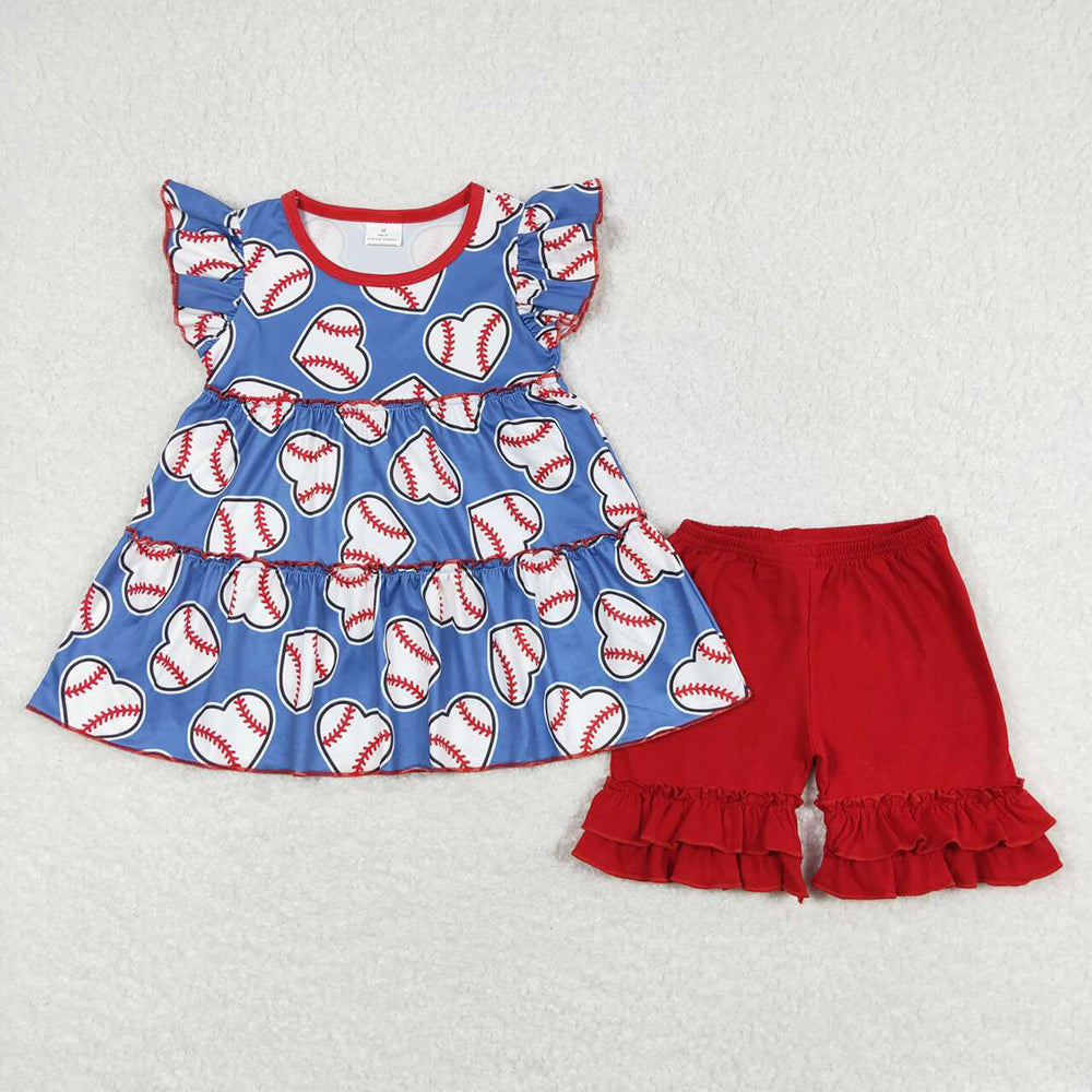 Baby Girls Baseball Hearts Tunic Top Ruffle Shorts Clothes Sets