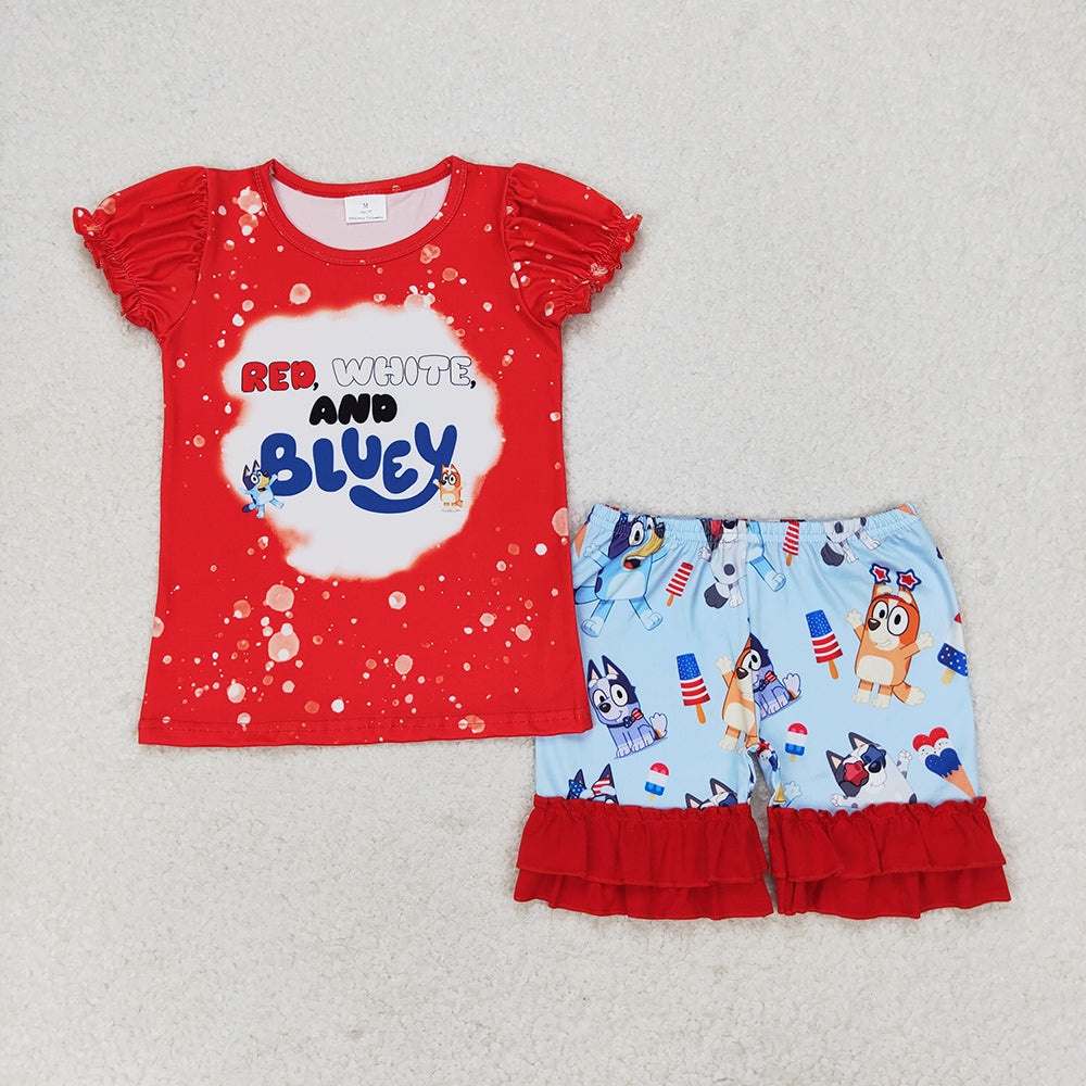 Baby Girls 4th Of July Dog Shirts Ruffle Shorts Clothes Sets