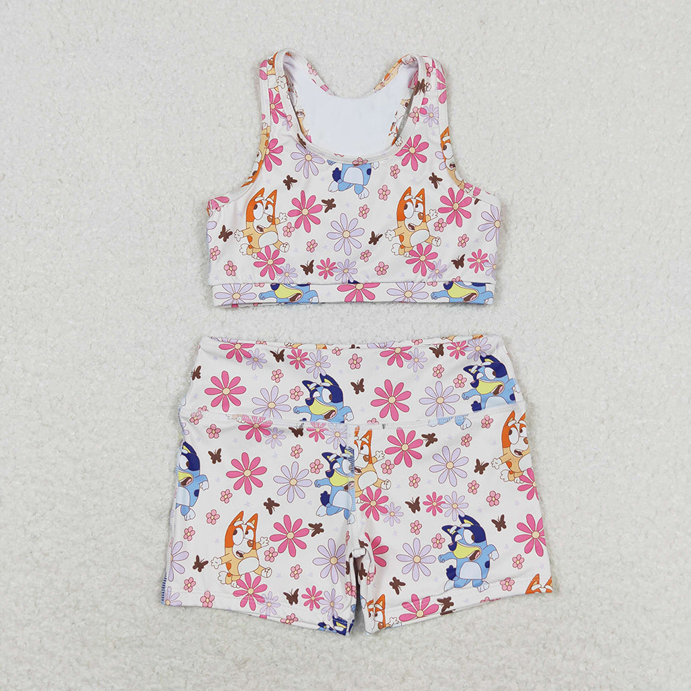 Baby Girls Blue Dog Flowers Crop Tops Shorts Clothes Sets