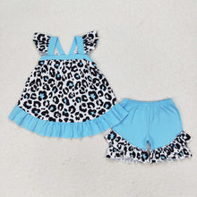 Load image into Gallery viewer, Baby Girls Blue Leopard Tunic Top Ruffle Shorts Clothes Sets
