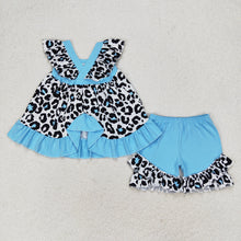 Load image into Gallery viewer, Baby Girls Blue Leopard Tunic Top Ruffle Shorts Clothes Sets
