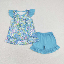 Load image into Gallery viewer, Baby Girls Blue Flowers Pink Tunic Ruffle Shorts Clothes Sets
