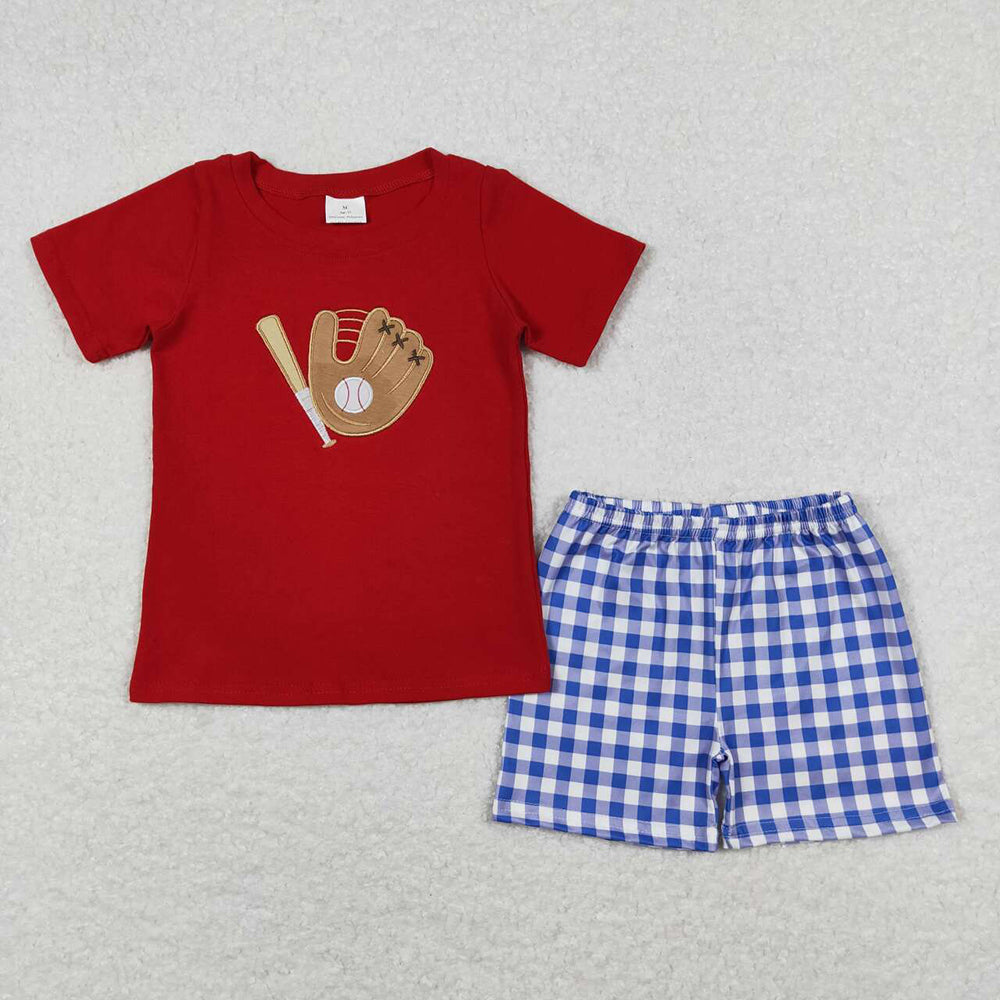 Baby Boys Red Baseball Shirt Top Blue Checkered Shorts Clothing Sets