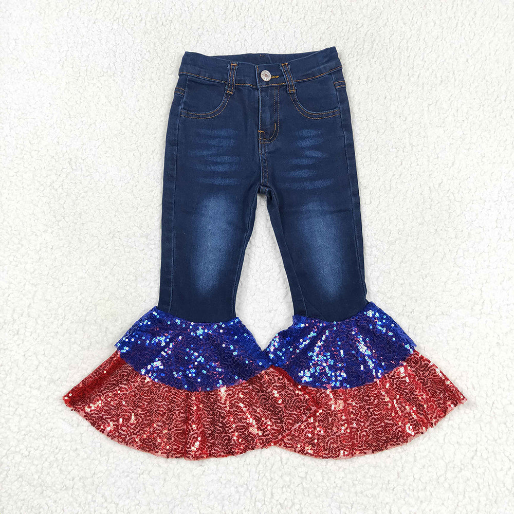Baby Girls 4th Of July Denim Sequin Bell Bottom Pants Jeans