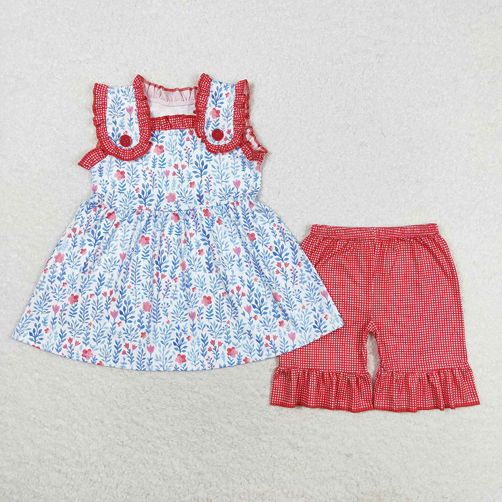 Baby Girls Blue Flowers Leaves Buttons Tunic Ruffle Shorts Clothes Sets