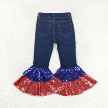 Load image into Gallery viewer, Baby Girls 4th Of July Denim Sequin Bell Bottom Pants Jeans
