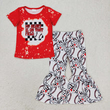 Load image into Gallery viewer, Baby Girls Baseball Red Top Flowers Bell Pants Clothes Sets
