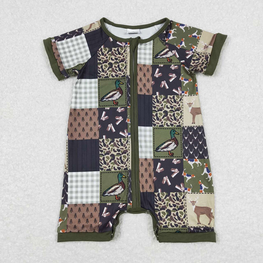 Baby Boys Hunting Deer Duck Short Sleeve Zip Rompers