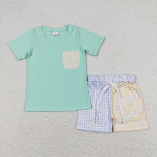 Load image into Gallery viewer, Baby Boys Green Pocket Tee Shirt Checkered Shorts Clothes Sets
