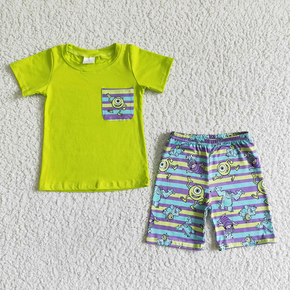 Baby boy cartoon green pocket shorts sets