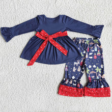Load image into Gallery viewer, Girls Nativity Navy ruffle pants sets 1
