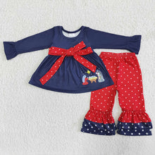 Load image into Gallery viewer, Girls Nativity Navy ruffle pants sets 2
